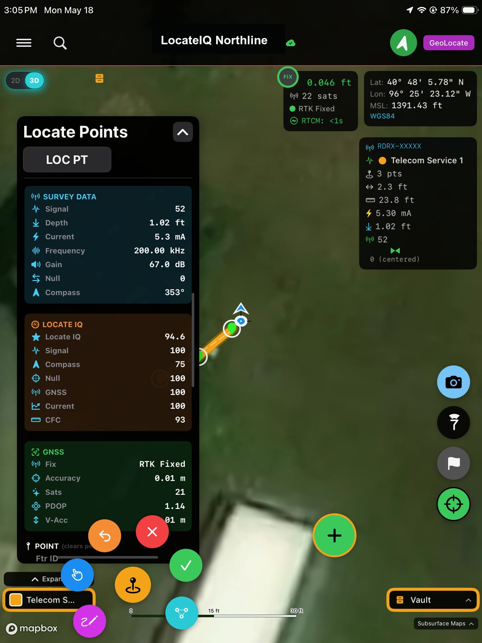 Utility LocateIQ app showing live RTK Fixed locate with Locate IQ score 94.6, survey data, GNSS quality, and 3D map view